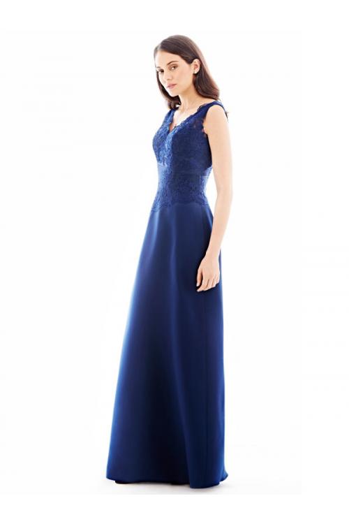Fashion V Neck Lace Bodice A-line Blue Long Chiffon Bridesmaid Dress 