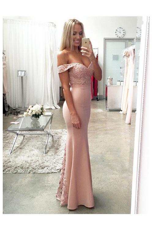off-the-shoulder Lace Bodice Bodyhugging Long Jersey Evening Dress 