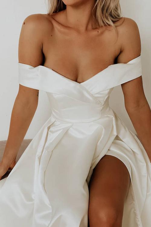  Egegant Simple A-line Off-the-shoulder Floor-length Long Satin Wedding Dresses